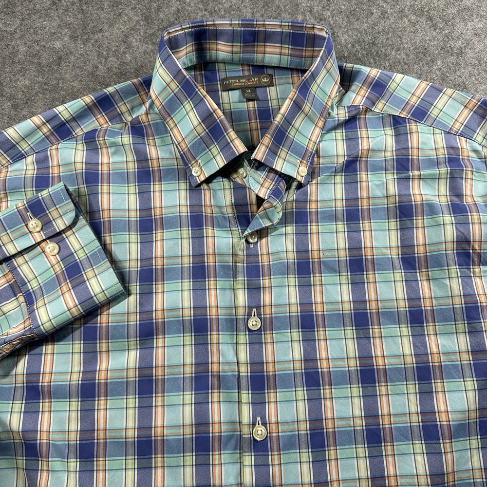 Peter Millar Summer Comfort Shirt Mens XL Blue Plaid Performance Long Sleeve